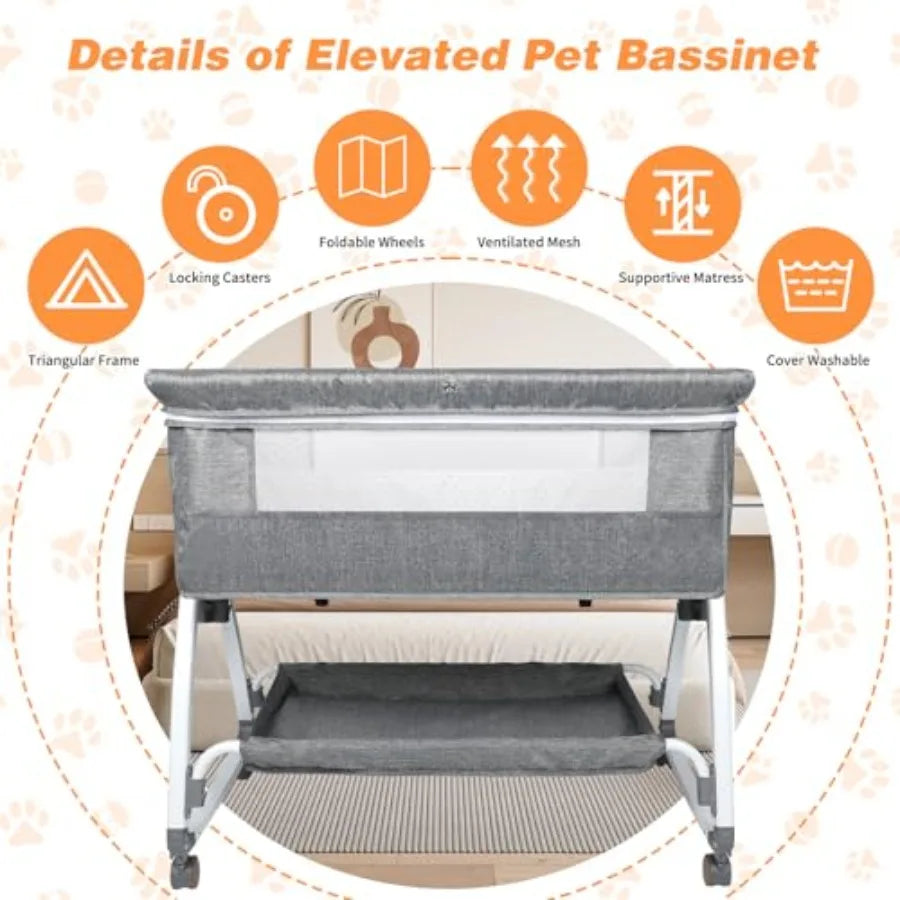 Bedside Dog Bed Sleeper 6-Level Adjustable Pet Bassinet with Lockable Wheels Removable Washable Cover Breathable Mesh Large Sto