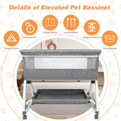 Bedside Dog Bed Sleeper 6-Level Adjustable Pet Bassinet with Lockable Wheels Removable Washable Cover Breathable Mesh Large Sto