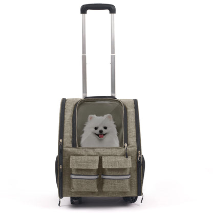Rolling Pet Carrier with Wheels - Large Foldable Dog Carrier Backpack with Removable Wheels for Easy Travel
