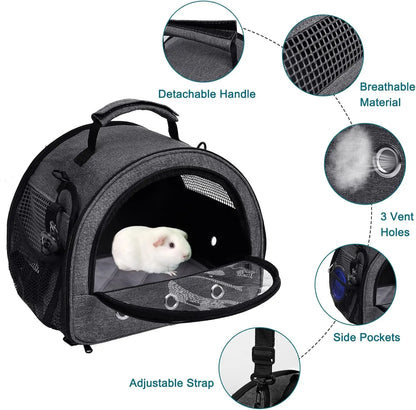 Foldable Small Pet Carrier with Water Bottle Holder, Breathable Mesh & Removable Liner for Hamsters, Rabbits (Grey)