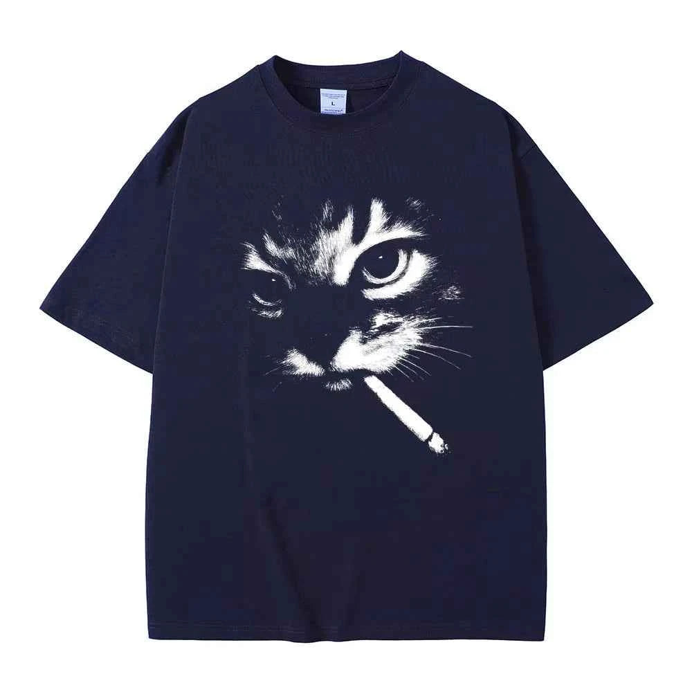 Funny Meme Smoking Cat Face Graphic T-shirts Men Women Casual Cotton Vintage T Shirts Men's Oversized T-shirts Cats Lovers Gifts