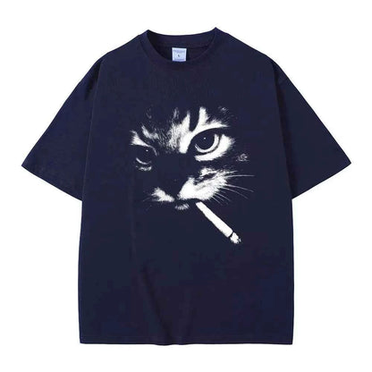 Funny Meme Smoking Cat Face Graphic T-shirts Men Women Casual Cotton Vintage T Shirts Men's Oversized T-shirts Cats Lovers Gifts