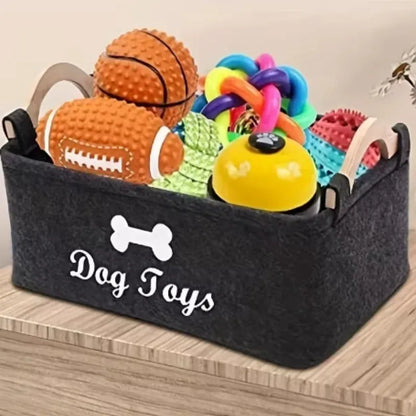 Large Felt Dog Toy Storage Basket – Collapsible Pet Organizer with Wooden Handles