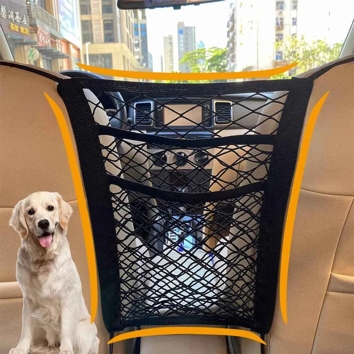 Universal Pet Car Barrier & Storage Net – Dog Seat Safety Mesh Organizer