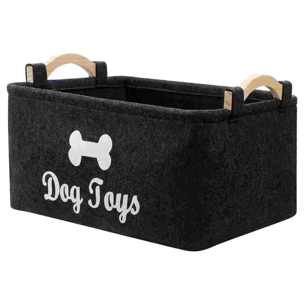 Large Felt Dog Toy Storage Basket – Collapsible Pet Organizer with Wooden Handles