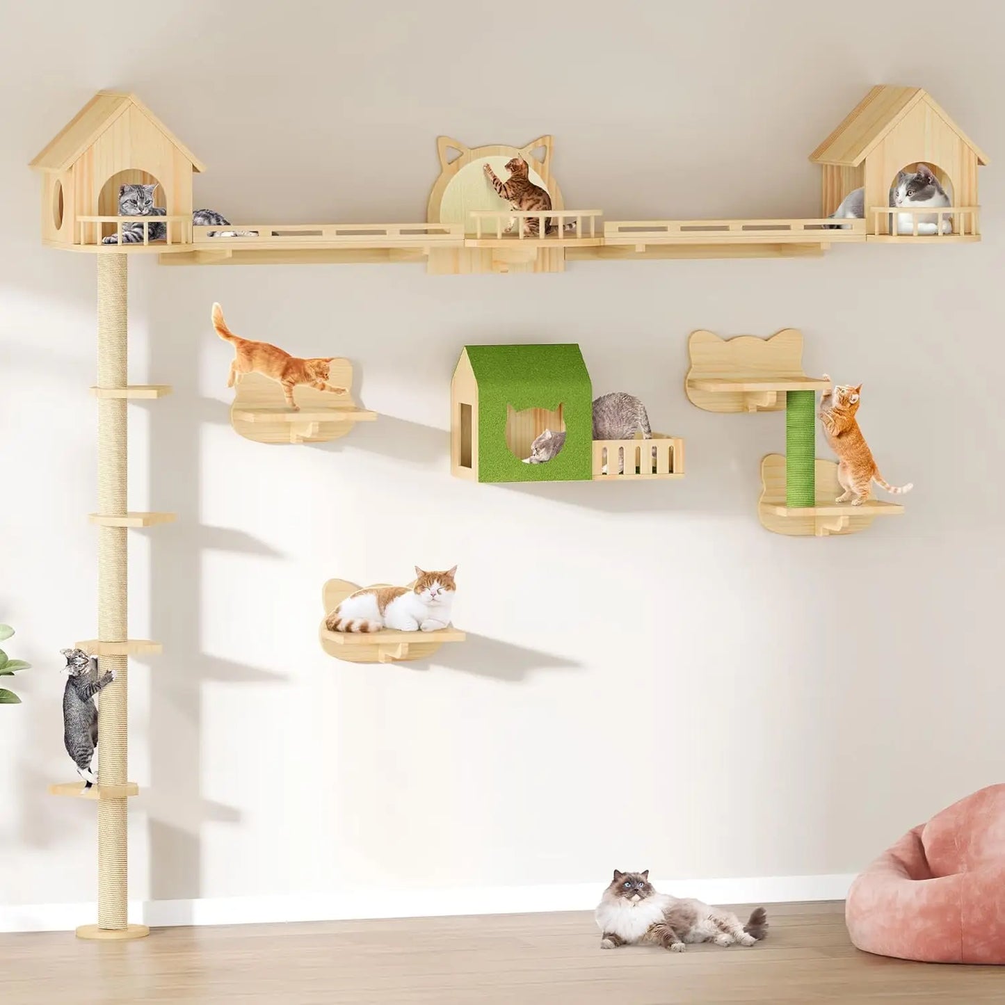 Solid Wood Cat Wall Shelves & Perches, Floor to Ceiling Cat Tower with Scratching Posts, Climbing Furniture for Large Cats