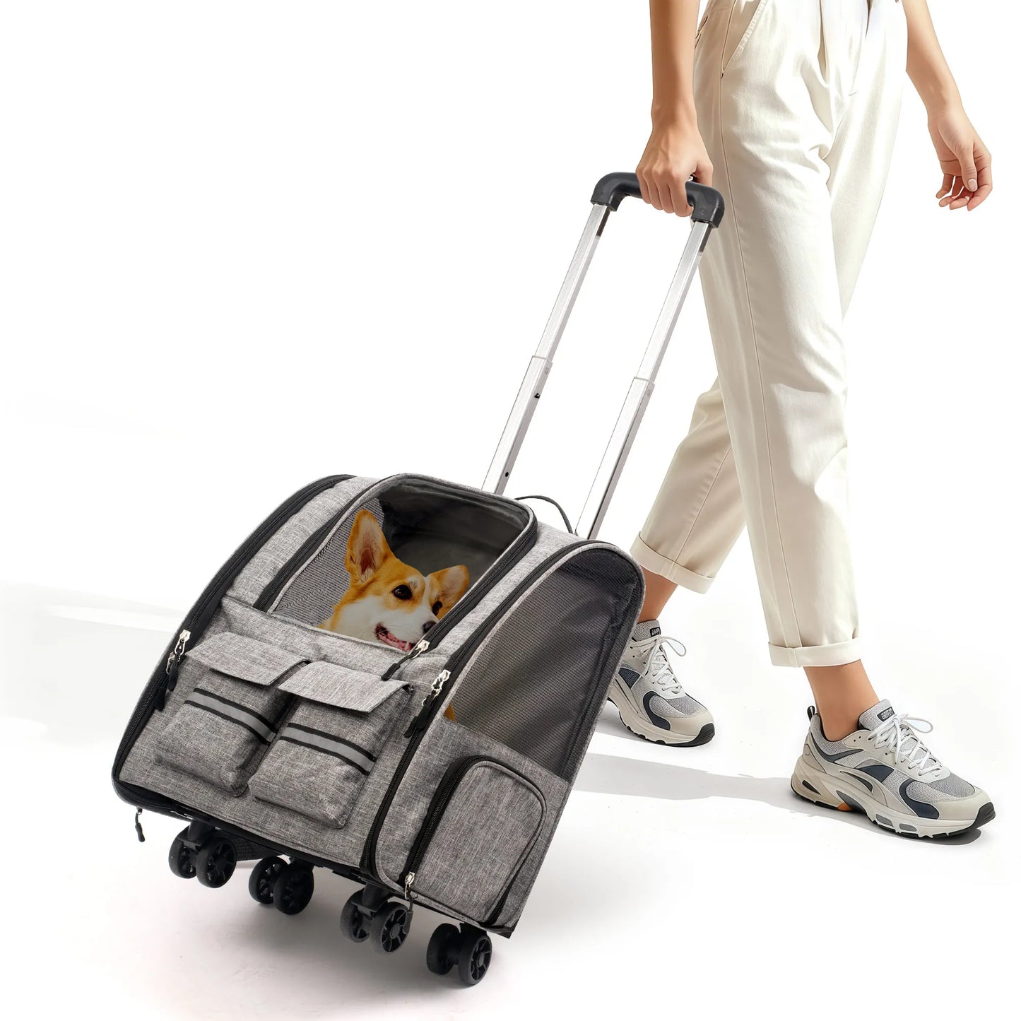 Rolling Pet Carrier with Wheels - Large Foldable Dog Carrier Backpack with Removable Wheels for Easy Travel