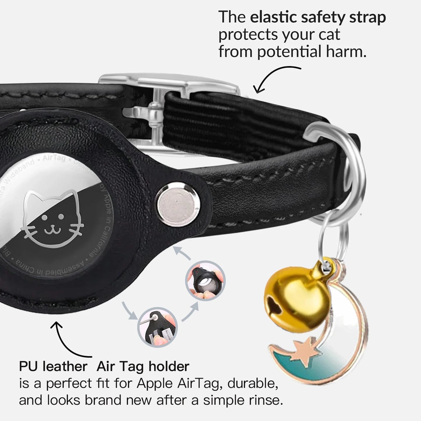 Leather AirTag Cat Collar with Bell -Elastic band Kitten Collar with Apple Air Tag Holder - Pet Collars forCats, Small Dogs