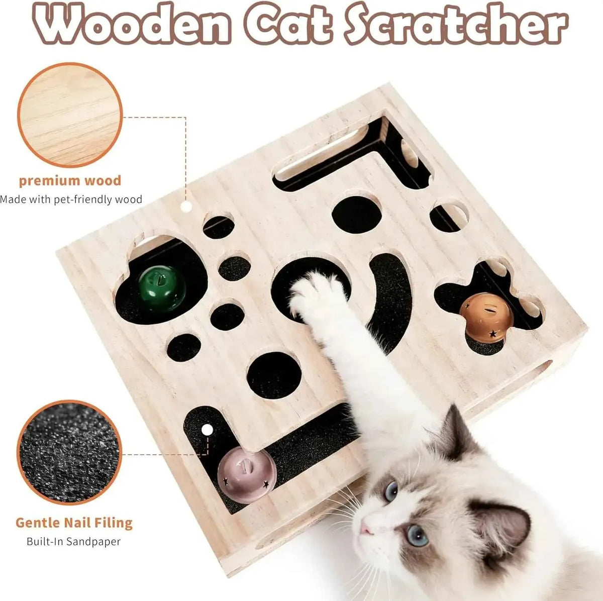 Cat Nail File Enrichment Box – Wooden Puzzle Scratcher with Claw Care, Wand & 3 Balls