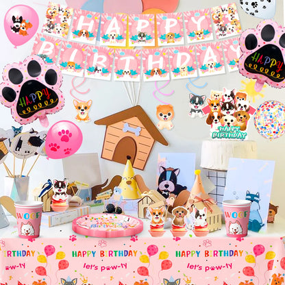 161-Piece Puppy Birthday Party Decorations & Pink Dog Tableware Set