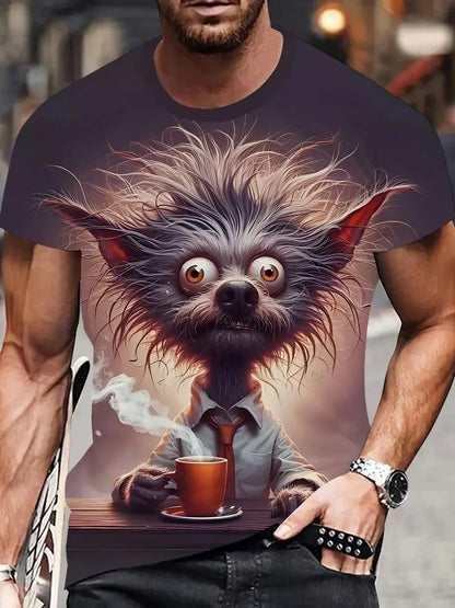 Summer Men's Sport Casual Breathable T-shirt Short Sleeve Cartoon Animal Printed Pattern Large Oversize Loose Men's T-shirt Tops