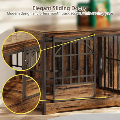 Extra Large 78 Dog Crate for Indoor Use or Two Pets, Sturdy Caging with Divider, Wooden Table TV Stand for XL Dogs in Cognac Bro
