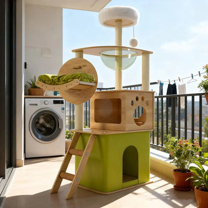 Solid Wood Cat Tree, Floor-to-Ceiling Pet Tower with Cat Jumping Platform & Scratching Post
