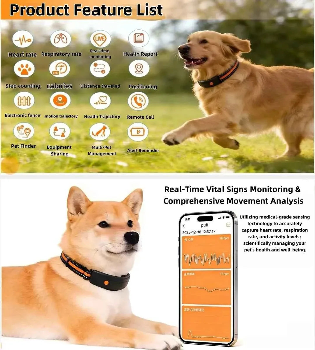 Smart GPS Pet Health Tracker Collar – GPS + BeiDou Location, Activity & Wellness Monitoring