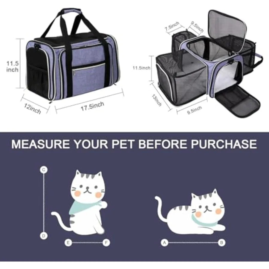 Cat Carrier Bag Airline Approved Pet Travel Carrier Soft Side with Fleece Pad 5 Sides Open Doors 3 Sides Expandable Foldable Do