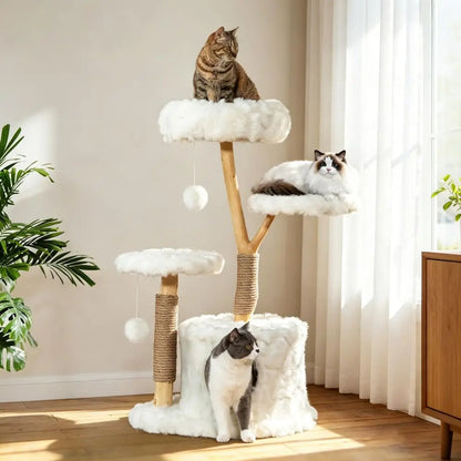Modern Cat Tree Tower, Cloud Cat Tree with Solid Natural Wood Scratching Post, Luxury Condo amp Perches, Aesthetic White Cat Fu
