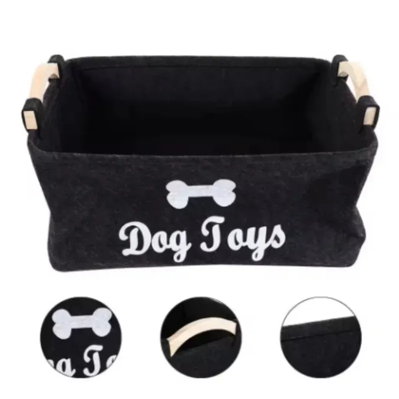 Large Felt Dog Toy Storage Basket – Collapsible Pet Organizer with Wooden Handles