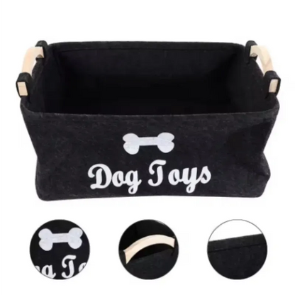 Large Felt Dog Toy Storage Basket – Collapsible Pet Organizer with Wooden Handles
