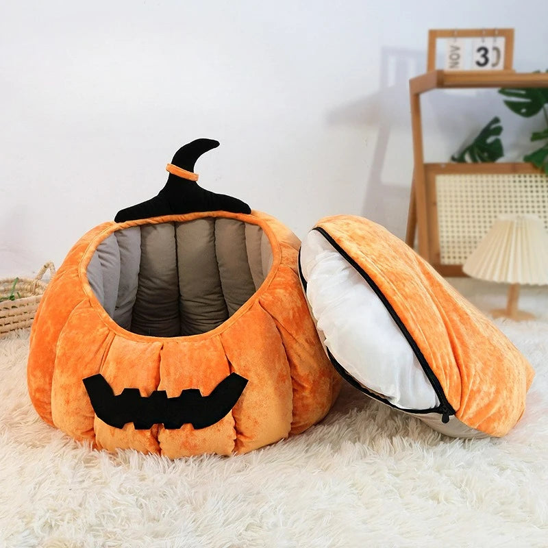 Halloween Pumpkin Cat Bed – Cozy Plush Pet Cave for Cats & Small Dogs