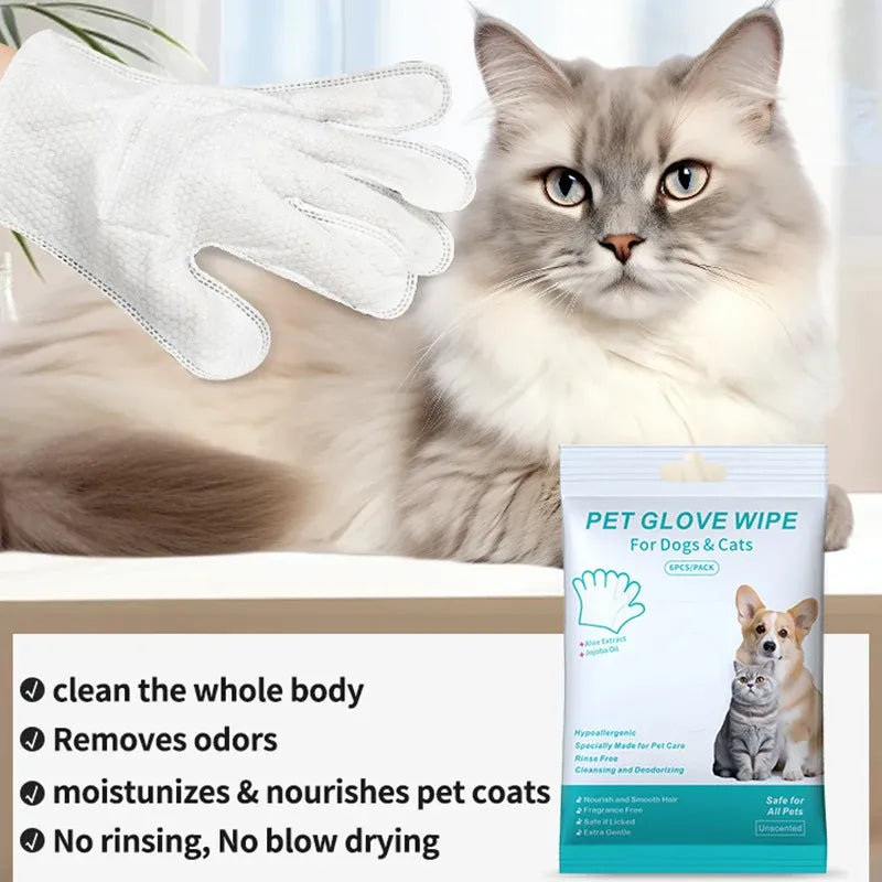 6-Pack Pet Wash-Free Grooming Gloves – Disposable Cleaning Wipes for Dogs & Cats