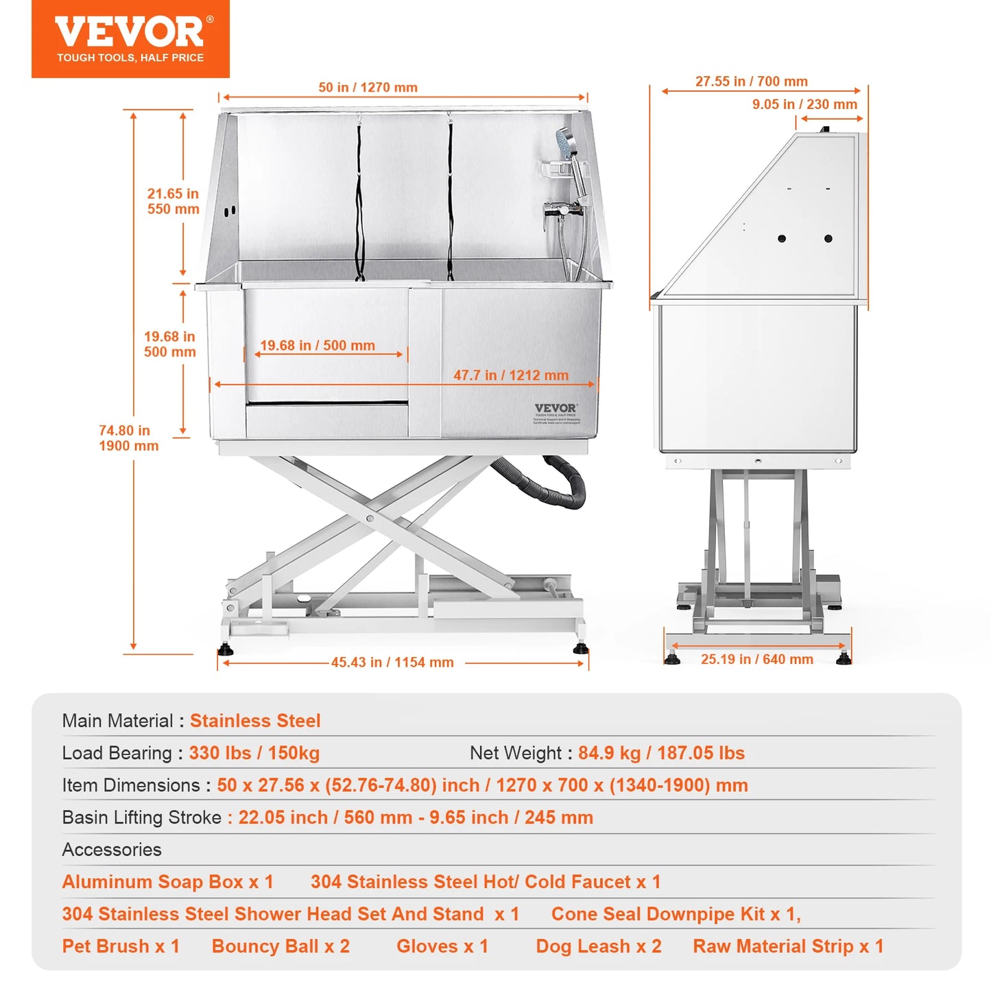 VEVOR 50" Pet Dog Grooming Tub Electric Height Adjustment Stainless Steel Bathing Station Bathtub for Multiple Pets Washing Sink
