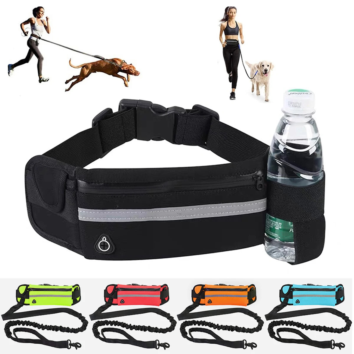 Hands Free Reflective Dog Leash with Waist Bag – Running & Walking Nylon Belt