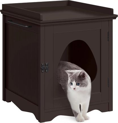 Hidden Cat Litter Box Furniture, Side Table with Towel Bar, Wooden Enclosure, Indoor Pet House, Espresso