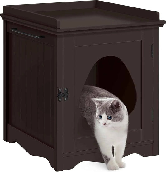 Hidden Cat Litter Box Furniture, Side Table with Towel Bar, Wooden Enclosure, Indoor Pet House, Espresso