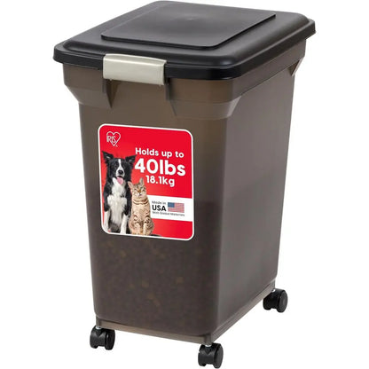 Pet Food Storage Container, Up to 40 lbs, Removable Wheels, Freshness Preserved, Translucent, Made in USA, Smoke/Black