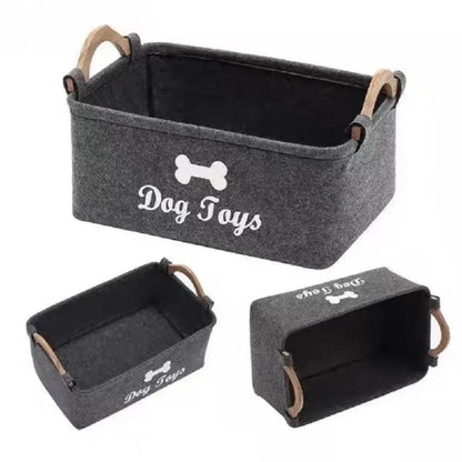Large Felt Dog Toy Storage Basket – Collapsible Pet Organizer with Wooden Handles
