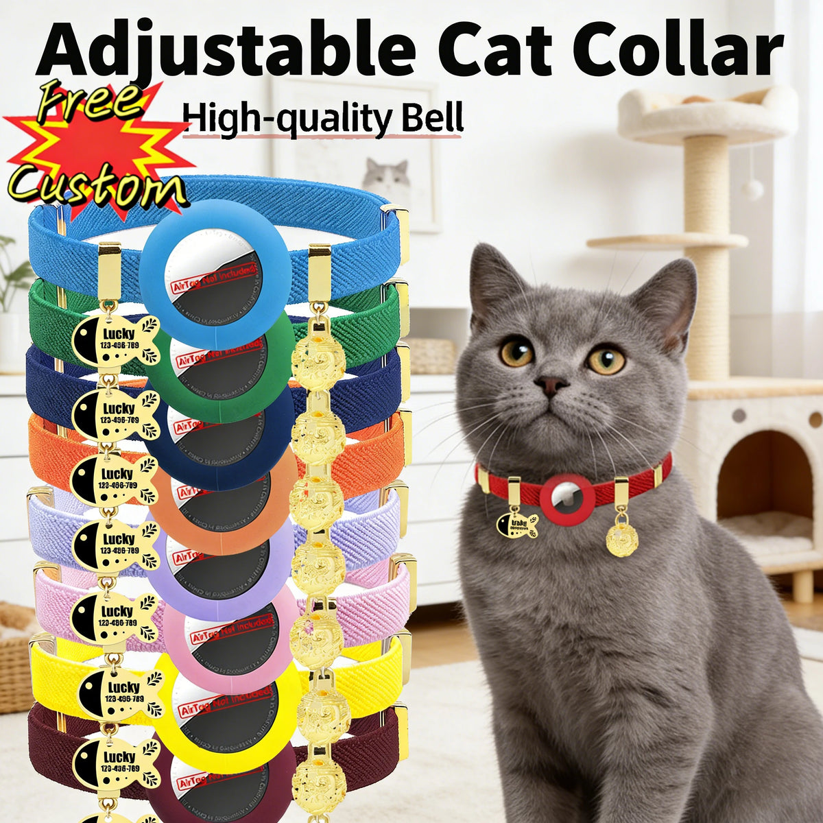 Customized AirTag Cat Collar with Bell, Name Tag & Holder