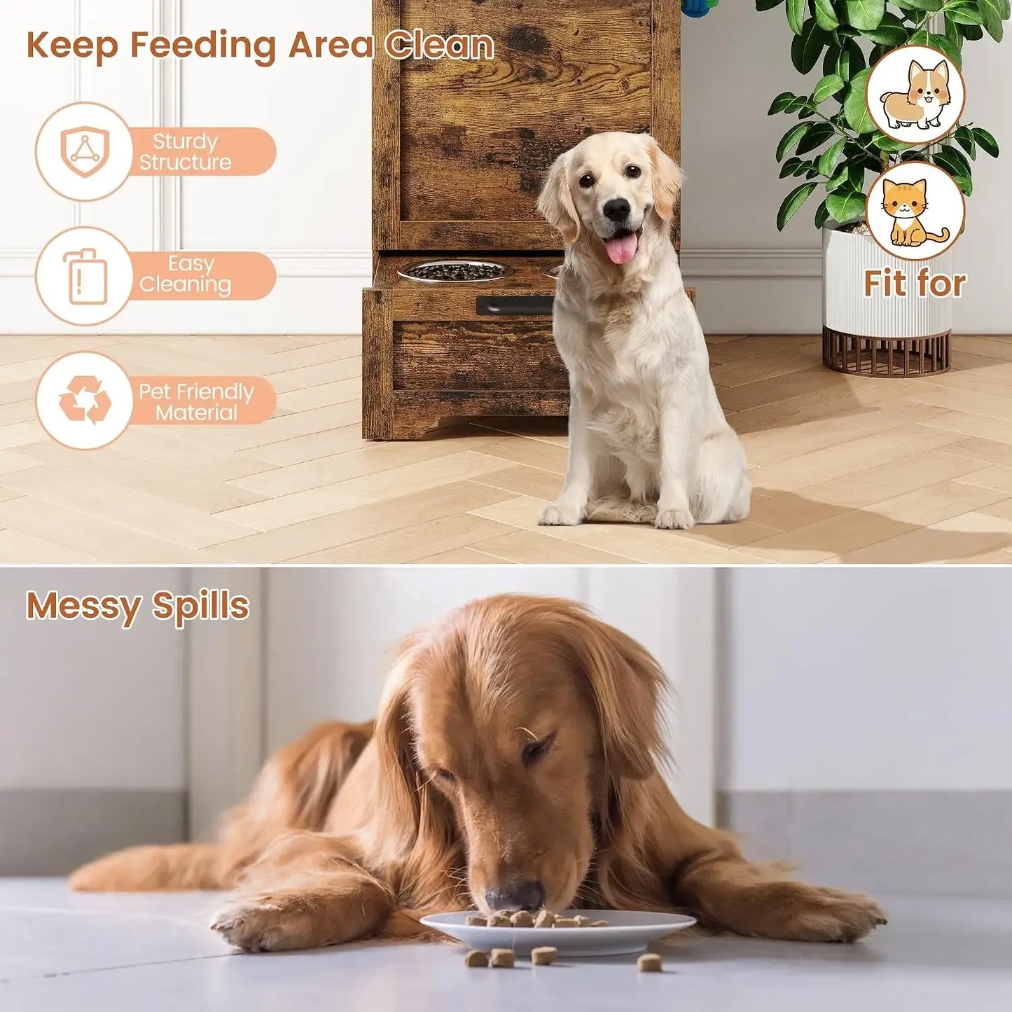 Large Dog Food Storage Cabinet with Hidden Feeding Station & Stainless Steel Bowls