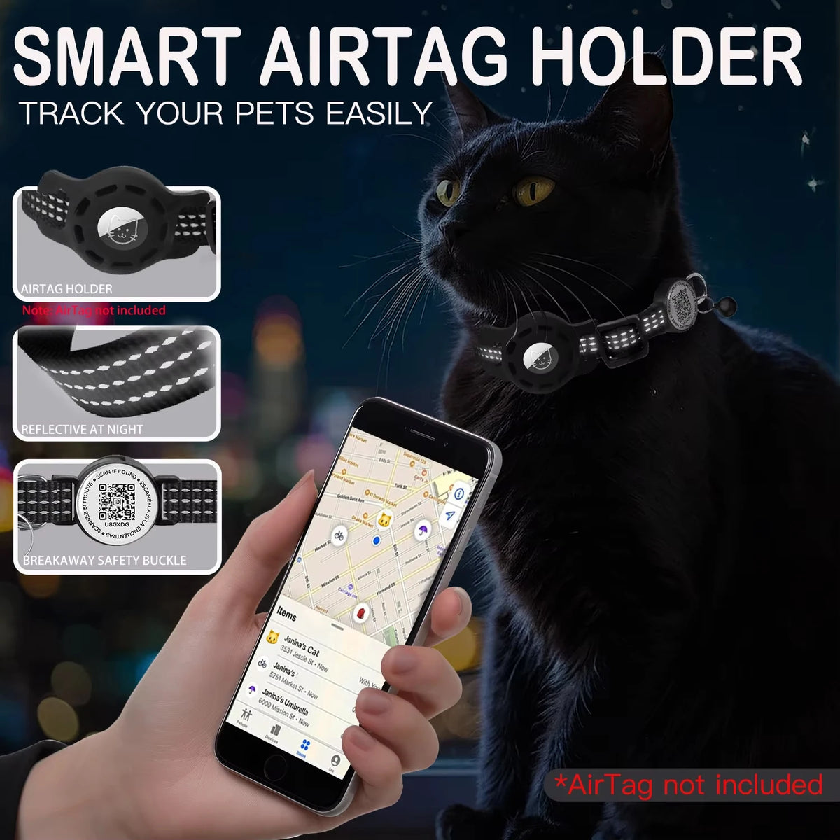 Cat GPS Collar with QR Code & AirTag Case – Reflective Breakaway