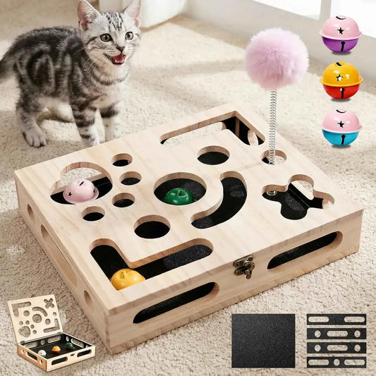Cat Nail File Enrichment Box – Wooden Puzzle Scratcher with Claw Care, Wand & 3 Balls