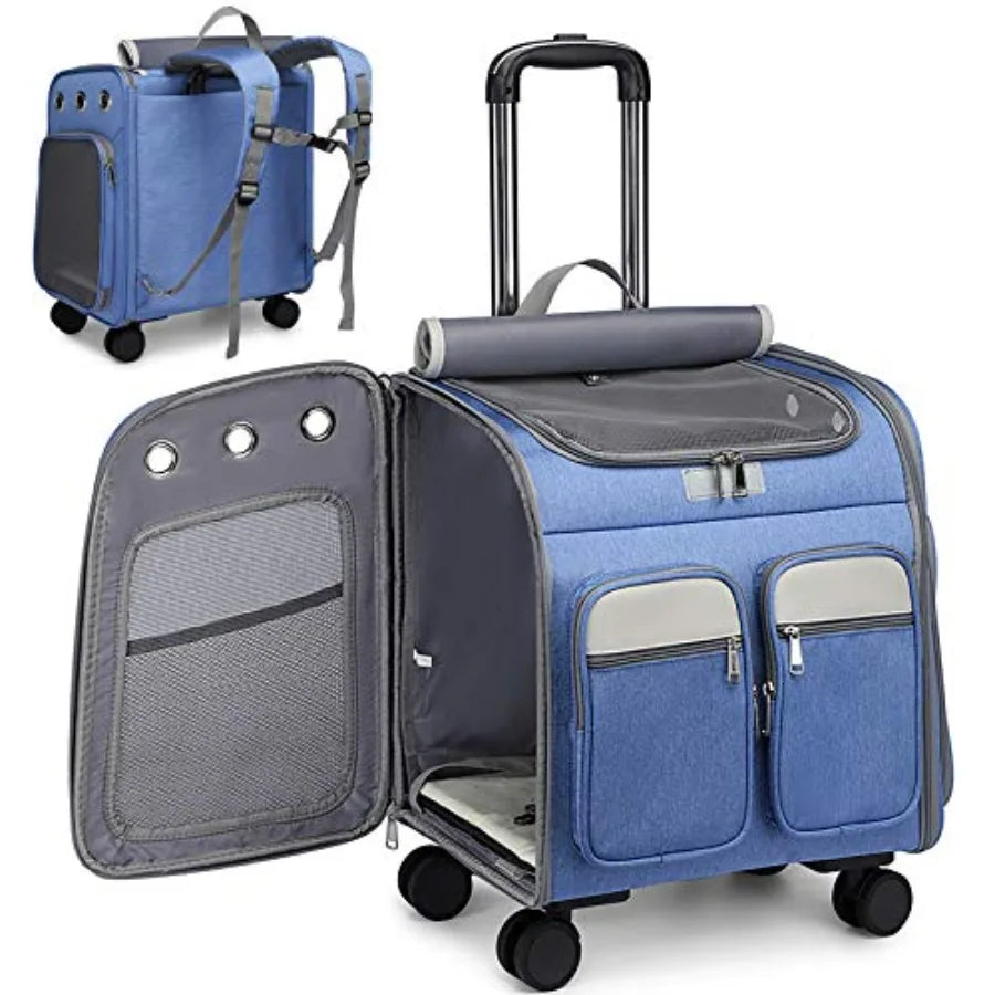 Wheeled Pet Carrier Backpack Pet Stroller Travel Carrier Car Seat for Small Dogs Cats Puppies Comfort Cat Backpack Removable Ro