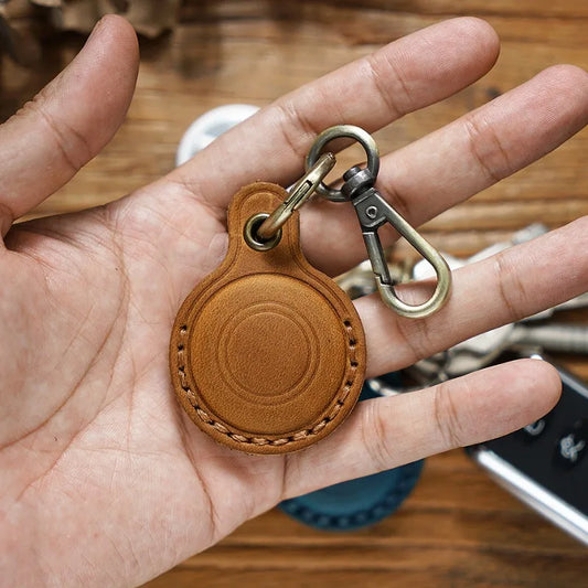 Genuine Leather AirTag Keyring Holder for Apple AirTags. Anti-Lost, Anti-Scratch Secure Key Ring Case for Pet Collar, Luggage