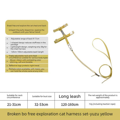 Adjustable H-Style Cat Harness Set, 38g Lightweight Escape Proof Breathable Kitten, Reflective & 120-160cm Leash