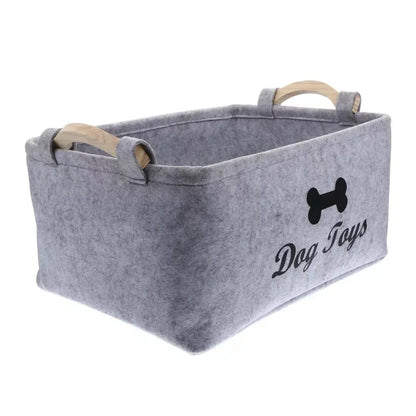 Large Felt Dog Toy Storage Basket – Collapsible Pet Organizer with Wooden Handles