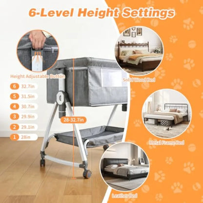 Bedside Dog Bed Sleeper 6-Level Adjustable Pet Bassinet with Lockable Wheels Removable Washable Cover Breathable Mesh Large Sto