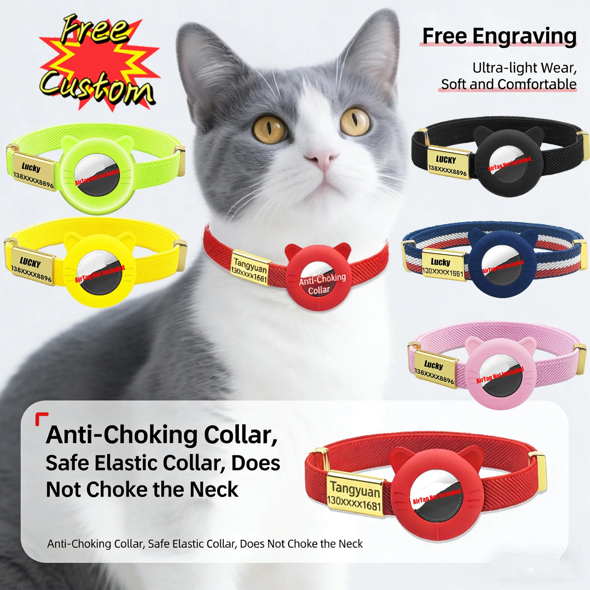 Breakaway AirTag Cat Collar with Custom Name Tag & Holder