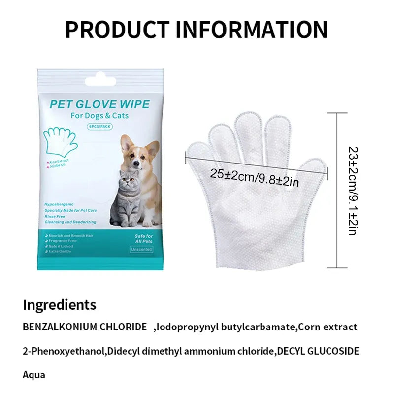 6-Pack Pet Wash-Free Grooming Gloves – Disposable Cleaning Wipes for Dogs & Cats