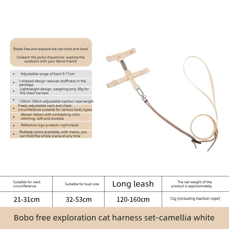 Adjustable H-Style Cat Harness Set, 38g Lightweight Escape Proof Breathable Kitten, Reflective & 120-160cm Leash
