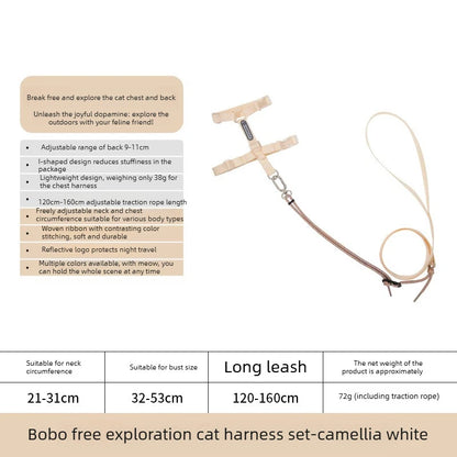 Adjustable H-Style Cat Harness Set, 38g Lightweight Escape Proof Breathable Kitten, Reflective & 120-160cm Leash