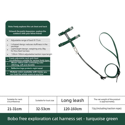 Adjustable H-Style Cat Harness Set, 38g Lightweight Escape Proof Breathable Kitten, Reflective & 120-160cm Leash