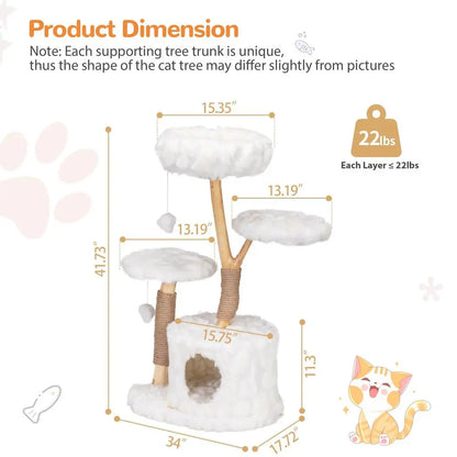 Modern Cat Tree Tower, Cloud Cat Tree with Solid Natural Wood Scratching Post, Luxury Condo amp Perches, Aesthetic White Cat Fu