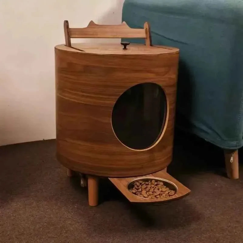 Wooden Automatic Dog Food Dispenser – 3L Capacity with Push-Pull Feeding Bowl & Food Level Window