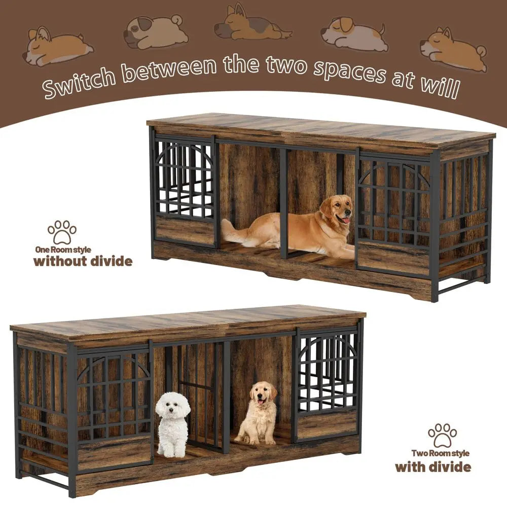 78 Inch Double Dog Crate Furniture, Extra Large Dog Kennel Indoor for 2 Dogs, Heavy Duty Dog Cage with Divider, Wooden Dog Hous