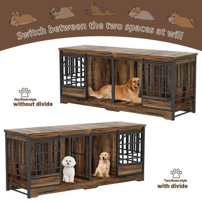 78 Inch Double Dog Crate Furniture, Extra Large Dog Kennel Indoor for 2 Dogs, Heavy Duty Dog Cage with Divider, Wooden Dog Hous