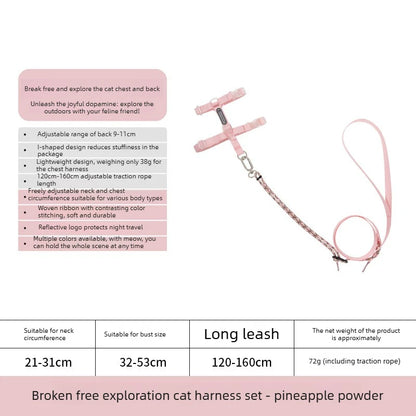 Adjustable H-Style Cat Harness Set, 38g Lightweight Escape Proof Breathable Kitten, Reflective & 120-160cm Leash