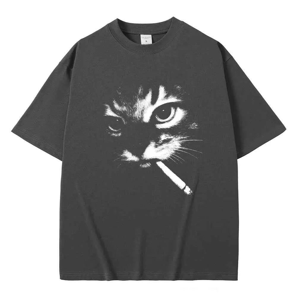 Funny Meme Smoking Cat Face Graphic T-shirts Men Women Casual Cotton Vintage T Shirts Men's Oversized T-shirts Cats Lovers Gifts